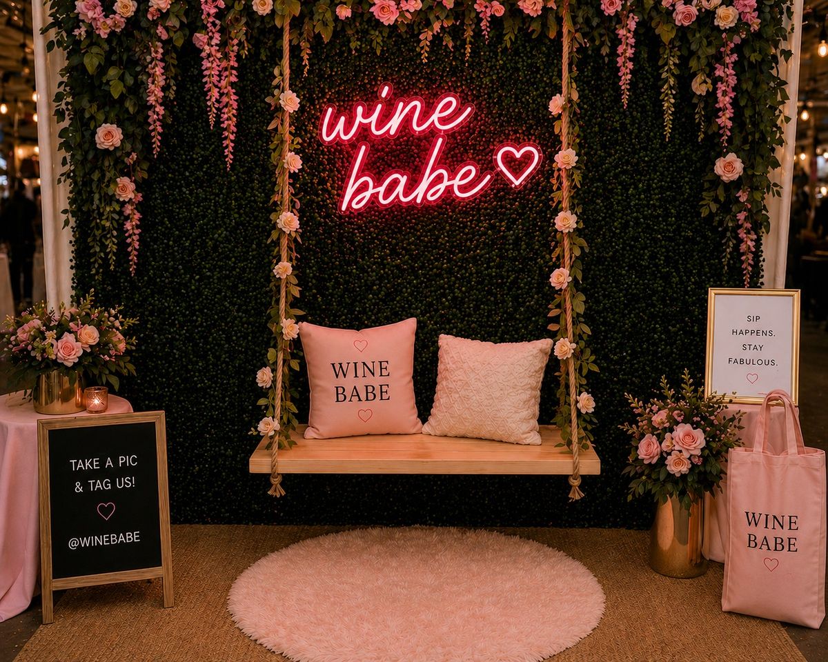 Wine Babe photo booth: a wooden swing, pink pillows, and a neon wine babe heart on a flowered hedge wall