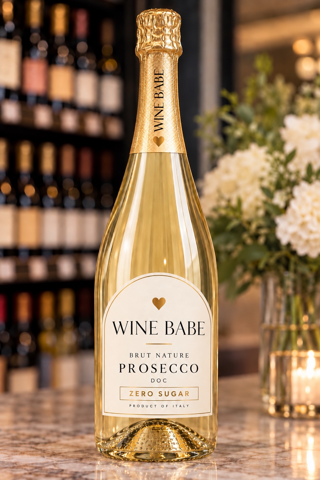 Wine Babe Brut Nature Prosecco DOC bottle with a gold foil neck and a cream label, produced in Italy