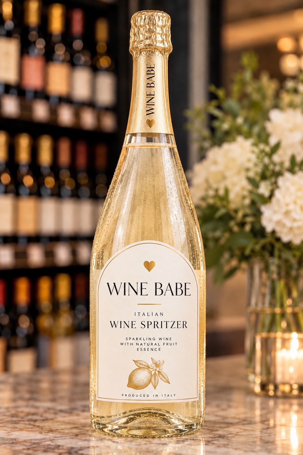 Wine Babe Italian Wine Spritzer bottle with a gold foil neck, lemon on the label, and condensation on the glass